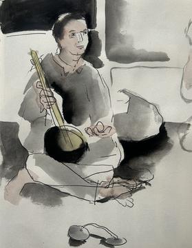 drawing of a man holding a musical instrument
