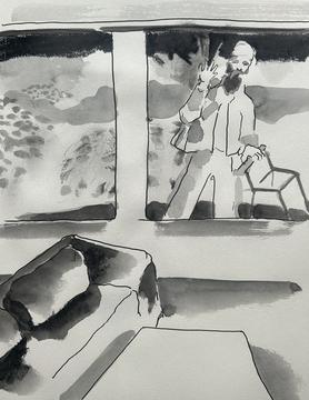 Drawing of a person glancing through a window