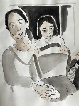 Drawing of a woman holding a child