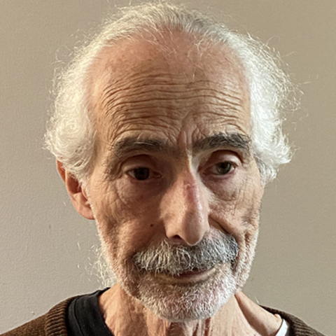 Headshot of David Appelbaum, light-skinned man with white hair, looking into the distance 