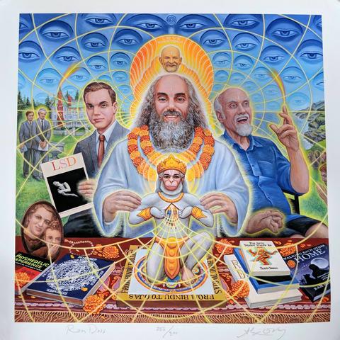 Realist painting of Richard Alpert, including vignettes of the many eras of his life as psychologist, guru, and elderly man. 