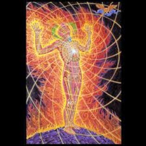 Abstract painting of a human with detailed anatomical structure, engulfed in flames