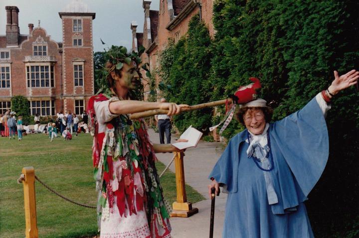 Adelma with Morris Dancer at Cambridge, late 1980s