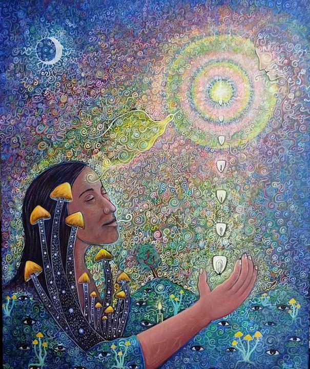 Painting of woman extending her hand, with mushrooms growing out of her arm