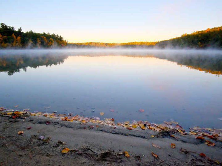 Walden pond with mist coming up from the water at sunset