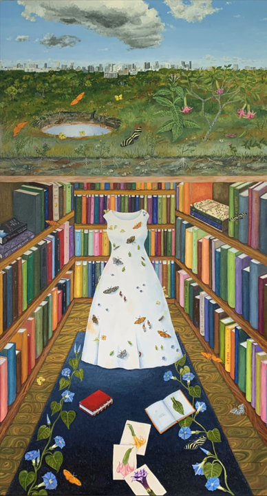 Empty dress in what looks like a library, landscape in the distance, books strewn about.