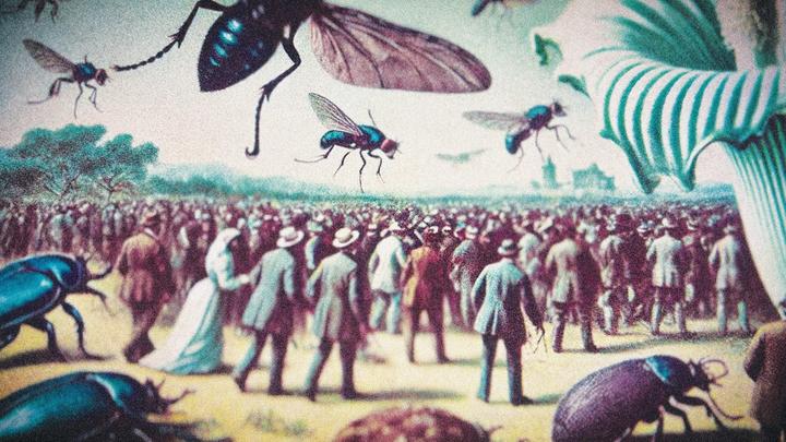 Figure 4. AI-generated image of flies, beetles, and people swarming a colossal bloom, while crowds of people turn their backs and move away. Created using ChatGPT (DALL·E) and digitally altered by the author.