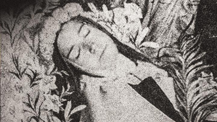 Figure 6. Detail from a historical photograph of Saint Thérèse of Lisieux (“The Little Flower”) lying in state, 1897. Her body is surrounded by flowers, with a palm frond laid across her chest. 