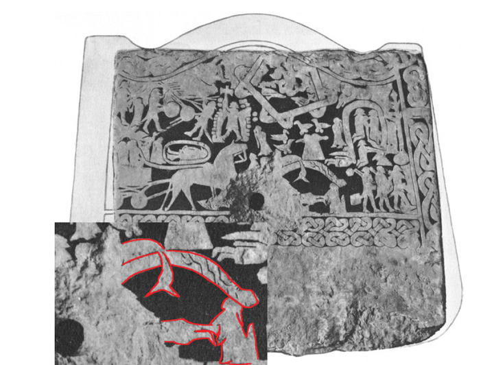 fig. 4: Avian Valkyrie nudging or disgorging slain warrior into Oðinn's hall, Alskog Kyrka, Gotland, Sweden, ca. 700-1000 CE. Image from Sune Lindqvist, Gotlands Bildsteine (Stockholm: Wahlstrom & Widstrand, 1941), vol. 1, fig. 135, with details traced in red by Sigmund Oehrl. By permission from Sigmund Oehrl. 