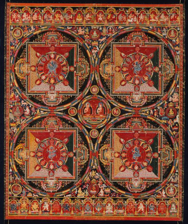 Colorful mandala with four circles symmetrically placed in the four quadrants of the rectangle