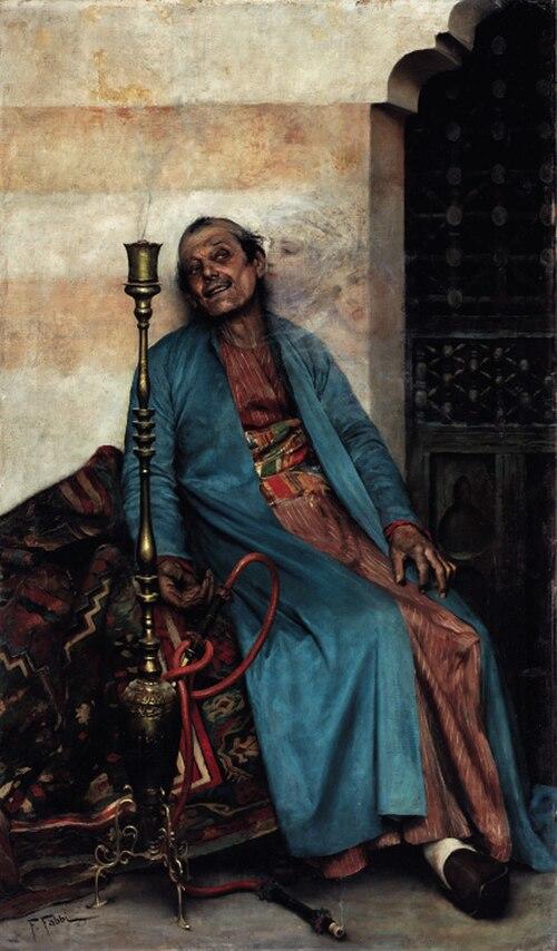 Painting of a man with a water pipe in hand, his face expresses that he is in an altered state.