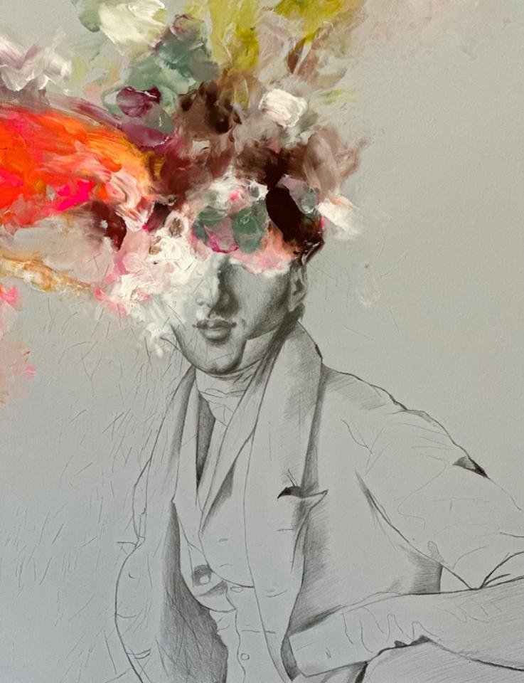 Painting of man with head bursting with colors