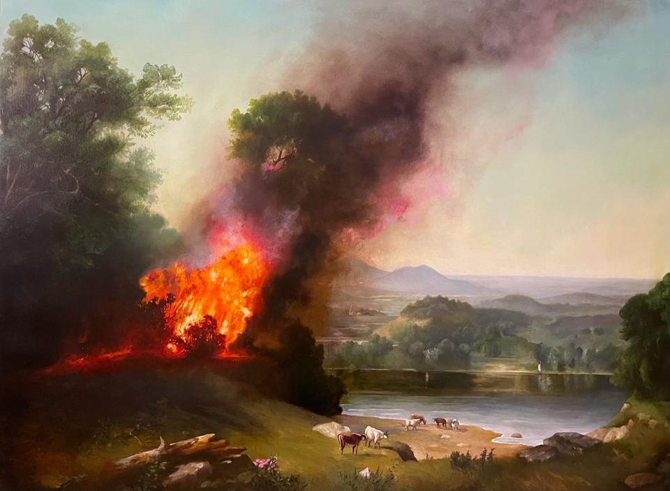 Anthropocene Pastoral, oil on canvas 36 x 48 in., 2023, collection of Duncan Sheik. 