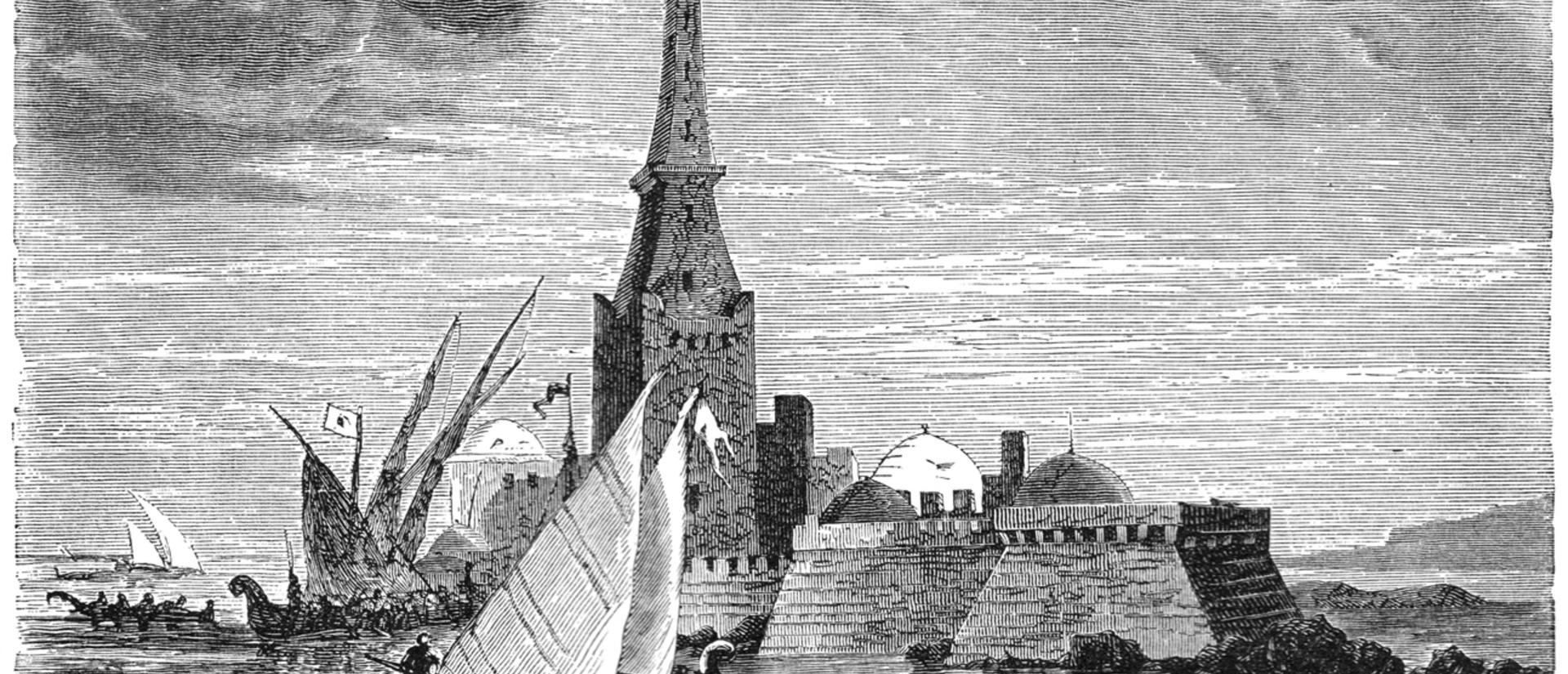 A black and white rendering of a Roman lighthouse in Alexandria, Egypt