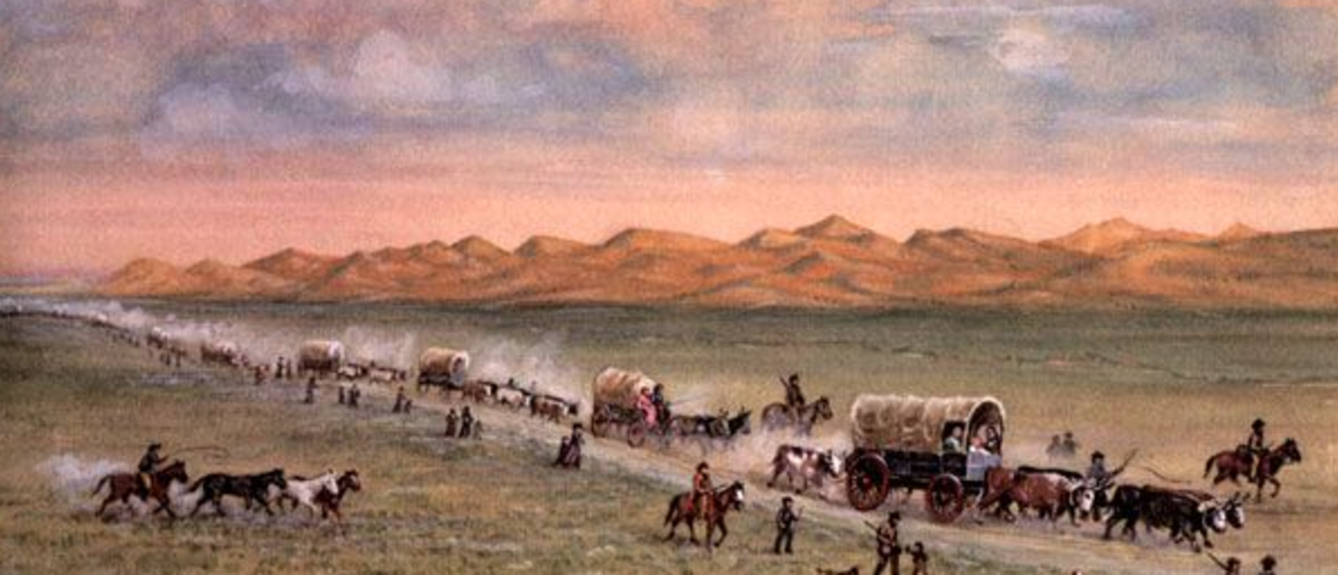 Painting of wagon train and riders on horseback traveling along a road with mountains in the background