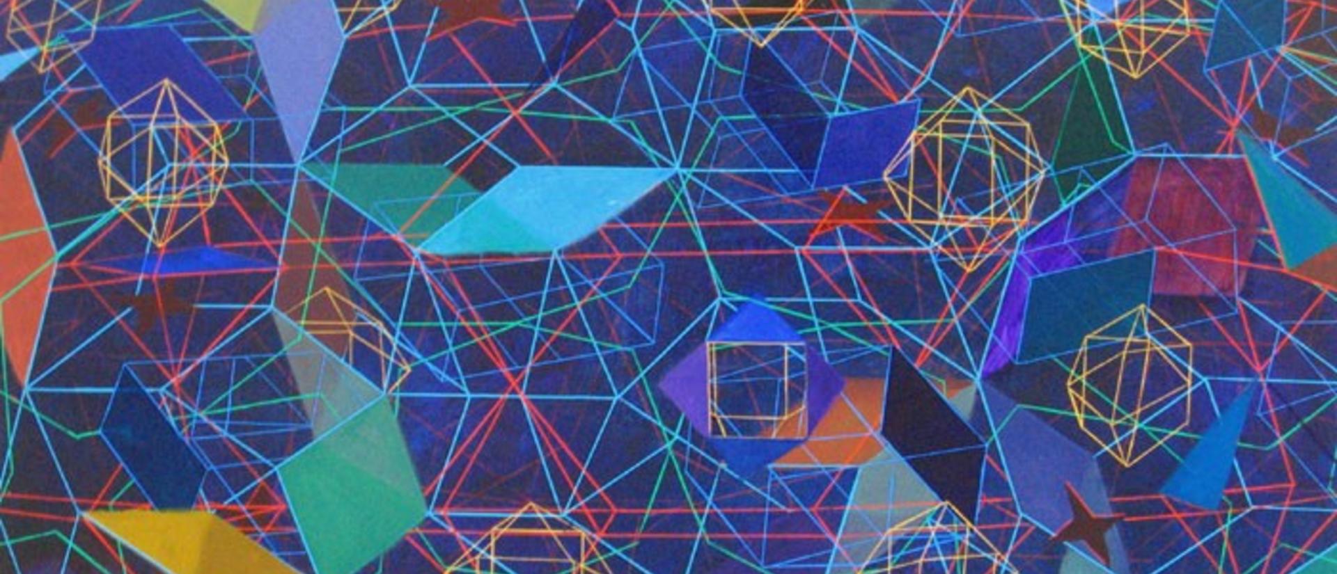 Colorful, intertwining geometric shapes on a blue background