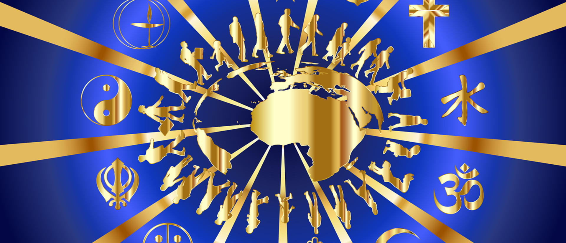 Blue background with gold rays emanating from center, religious symbols in between rays