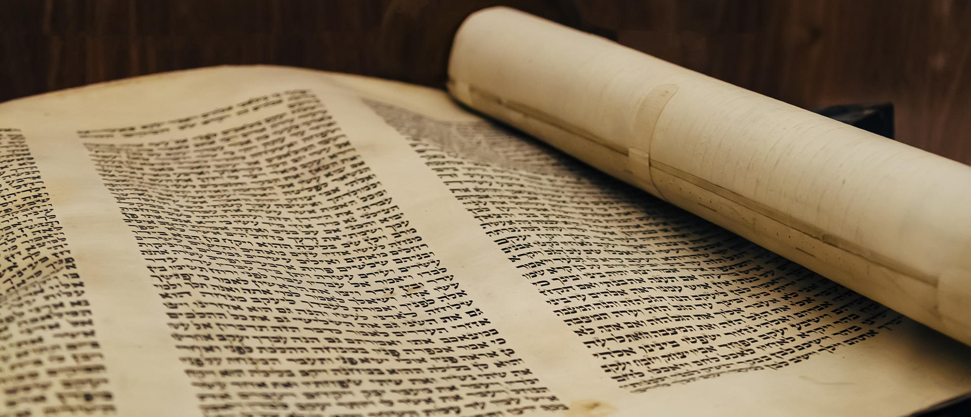 Photo of the Torah spread out, yellowed paper