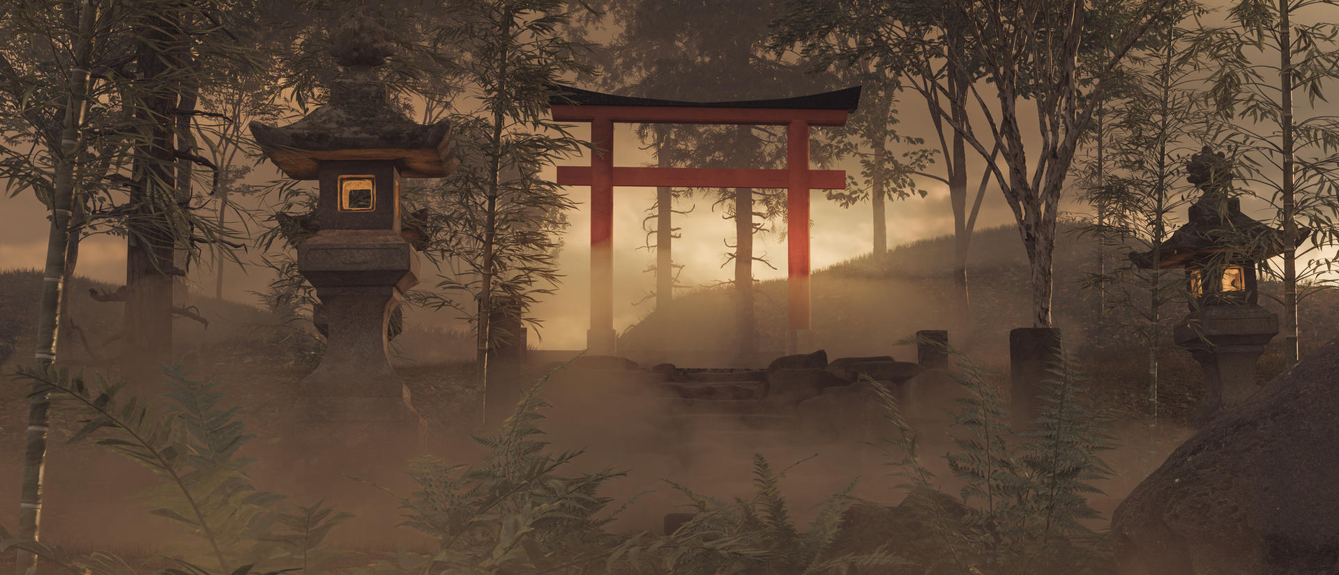 Shinto Shrine in the morning mist