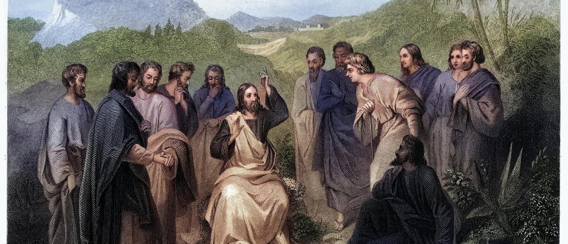 Jesus Christ's sermon on the Mount, Bible, Vintage religious illustration art stock illustration