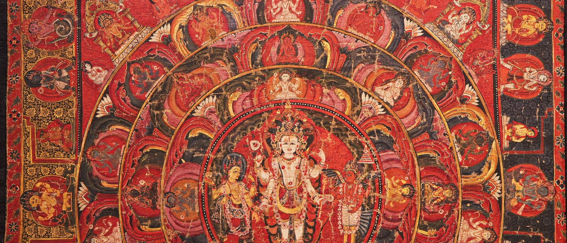 Vishnu With Shridevi And Garuda. Close up View centre of mandala is Vishnu as para or Supreme deity, painted white as described in Panchratra Samhita. He is accompanied by his mount Garuda and consort Sridevi