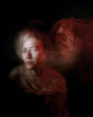 Artistic rendition of Jane Sheldon, blurred with red cloud-like cluster in the distance