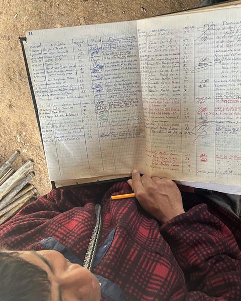 Andrés thumbs through his grandfather’s book, where clients signed their names. The author’s name is on the top of the left page.