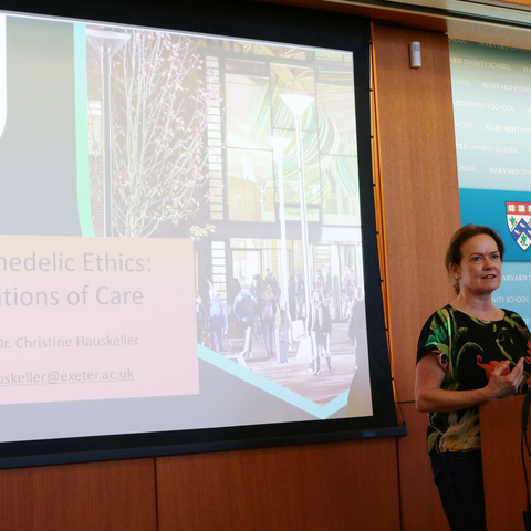 Photo of panelist Dr. Christine Hauskeller at the podium